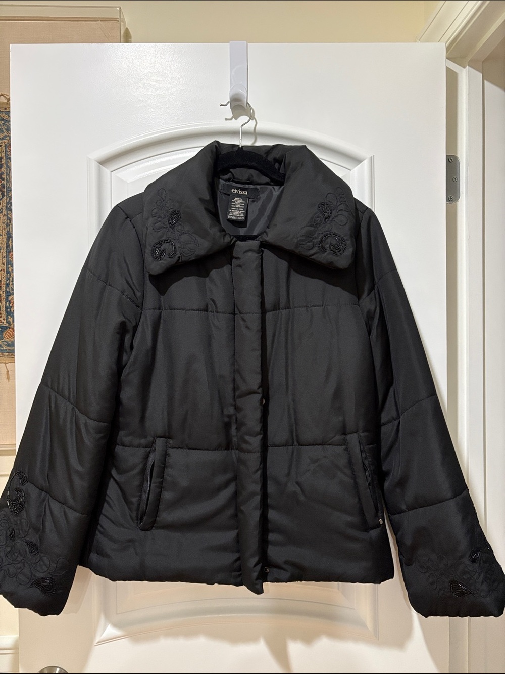 Eivissa Black Quilted Puffer Jacket with Embroidered & Beaded Collar and Cuffs L